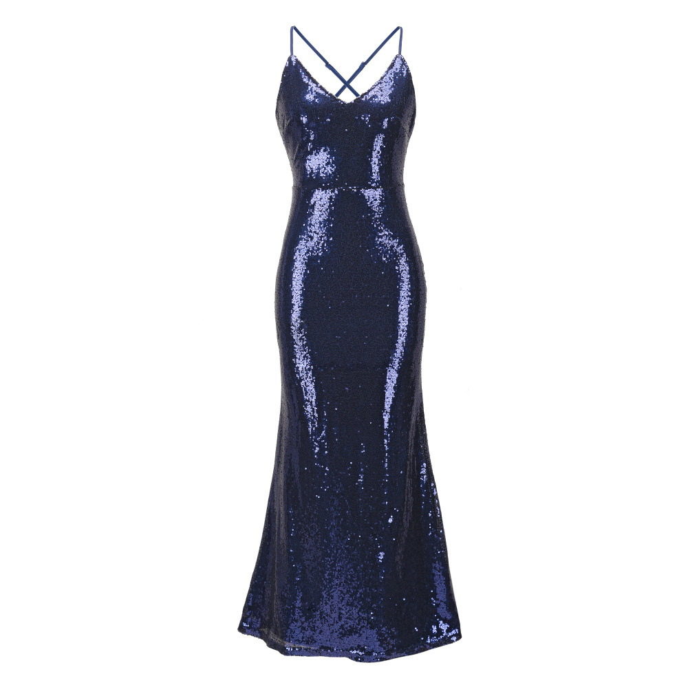 SZ60256-1 Navy Sequin Cross Back Fishtail Maxi Dress